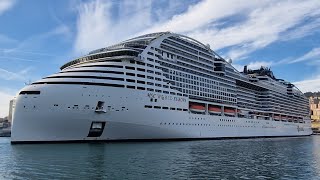 Departure of cruise ship MSC WORLD EUROPA Genoa 15102023 MSC Cruises 4K [upl. by Domenech]