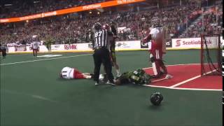 NLL Ouch amp Ouch Saskatchewan Rushs Zack Greer takes punch then ball to the face [upl. by Annovy]