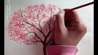 How to Paint a Cherry Tree in Watercolor  Splatter Painting Trees  Paint a Tree  Sakura [upl. by Constantia]