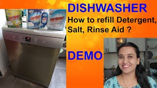 Dishwasher Demo  How to refill detergent salt rinse aid in Dishwasher  Bosch Dishwasher [upl. by Terina605]