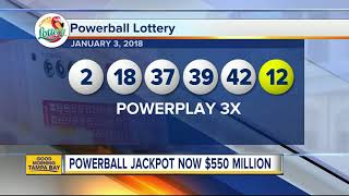 Powerball lottery drawing for January 3 2018 No winning tickets sold jackpot now 550 million [upl. by Nnylsia]