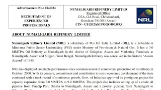 Numaligarh Refinery Ltd NRL  Recruitment 2024  Multiple Department  Date 2024 [upl. by Eletnahc331]