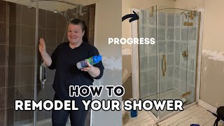 How to MAKEOVER A STAND UP SHOWER paint tiles  faucet  metal trim work Chrome ➡️ Antique Gold [upl. by Thalia21]