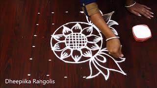 easy lotus rangoli design with 6x6 dots ll small friday kolam design ll Apartment rangoli muggulu [upl. by Auqemahs]