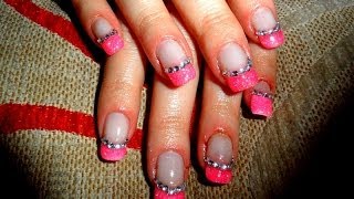 Paznokcie Ĺťelowe  Brokatowy French  Gel nails French brocade [upl. by Oinotla]