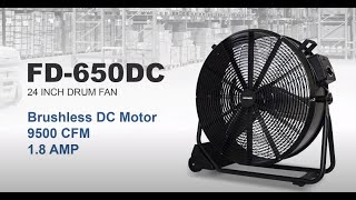 XPOWER FD650DC 12HP 9500 CFM Variable Speed Enclosed Brushless DC Motor High Velocity 24” Drum Fan [upl. by Sumahs]