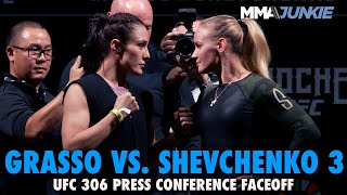 Alexa Grasso Valentina Shevchenko Hug after UFC 306 Press Conference Faceoff  Noche UFC [upl. by Anne-Corinne384]