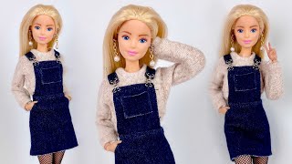 DIY Barbie Doll Outfit Overall Dress amp Cropped Sweater How To Make Trendy Realistic Barbie Clothes [upl. by Finbar]