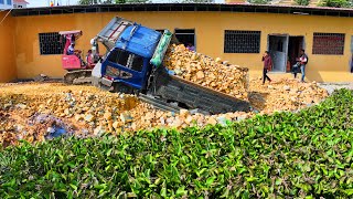 Start New Project Dump Truck Back Unloading Fail Overturned In the Pond Recovery by Excavator Dozer [upl. by Yuria]