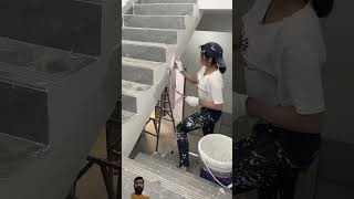 Stairs are preparing for paint work wall putty construction bathroomwalltiles satisfying wall [upl. by Edylc]