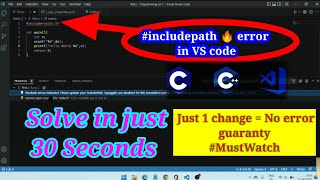 include errors detected include Path in 2sec iostream  3 WAYS to fix include path error VS code [upl. by Ybba]