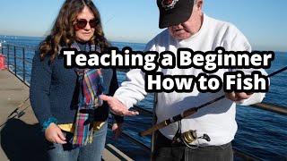 Teaching a Beginner How to Fish  Pier Fishing in California [upl. by Nylram]