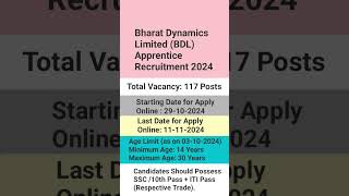 Bharat Dynamics Limited BDL Apprentice Recruitment 2024  Apprentice Vacancy [upl. by Aivatra]