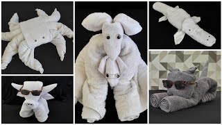 5 Ideas Of Towel Folding Origami Cat Crab Kangaroo Buffalo Platypus [upl. by Awad419]