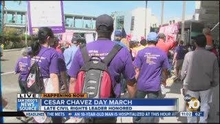 Workers march rally for Cesar Chavez Day in San Diego [upl. by Eekram502]