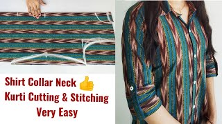 Very Easy Shirt Collar Neck Kurti Cutting and Stitching With Placket Sleeves Cutting and Stitching [upl. by Derriey]