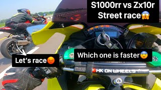 Zx10r vs Bmw S1000rr street race on highway😨 S1000rr vs Zx10r wheelie battle😱 [upl. by Ynnelg739]