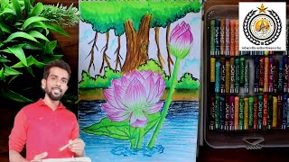 lotus drawing for kids  banyan tree drawing with oil pastels for kids  Beautiful landscape scenery [upl. by Limann206]