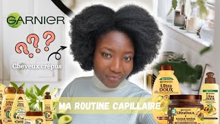 MA ROUTINE CAPILLAIRE GARNIER ULTRA DOUX SUR CHEVEUX CRÉPUS Pas chèr et parfait pour les débutantes [upl. by Dragelin]