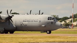 Lockheed Martin C130J30 Hercules Qatar Emiri Air Force arrival at RIAT 2017 AirShow [upl. by Nnywg]