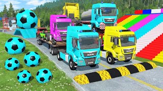 Double Flatbed Trailer Truck vs Speedbumps Train vs Cars  Tractor vs Train BeamngDrive 0206 [upl. by Makell726]