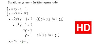 Ekvationssystem  Ersättningsmetoden Åk 9 HD [upl. by Eseekram97]