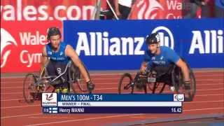 Mens 100m T34  final  2014 IPC Athletics European Championships Swansea [upl. by Eelrahc]