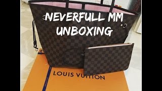 UNBOXING Louis Vuitton neverfull mm damier ebene rose ballerine [upl. by Sirromed]