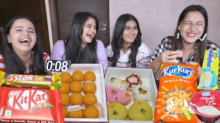 1O Seconds Sweets Chocolate Snacks Eating Challenge  Laddu Kurkure Kitkat Chips Milky Bar etc [upl. by Ardnekahs]