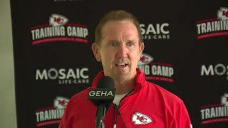 Defensive coordinator Steve Spagnuolo speaks at Chiefs training camp [upl. by Maillil]