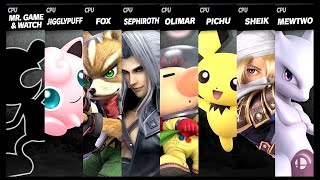 Mr Game Watch VS Jigglypuff VS Fox VS Sephiroth VS Olimar VS Pichu VS Sheik VS Mewtwo Smash Ultimate [upl. by Ialokin]