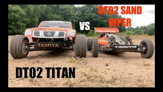 Tamiya DT02 Nissan Titan Vs DT02 Sand Viper  Head to Head RC Rally  Tamiya Chassis Battle 06 [upl. by Wesa118]