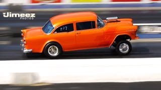 55 CHEVY GASSER quotORANGE KRATEquot RUNS 108312455MPH AT RT66 [upl. by Fitzpatrick]