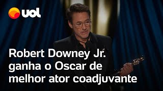 Melhor ator no Oscar Robert Downey Jr ganha primeiro Oscar aos 58 anos por papel em Oppenheimer [upl. by Zashin]