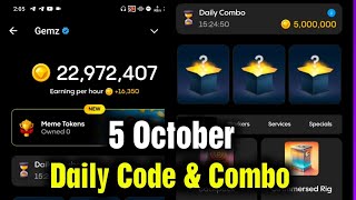 Gemz Daily Combo 5 October  Gemz Daily Code 5 October  Daily Combo Today [upl. by Aeresed]