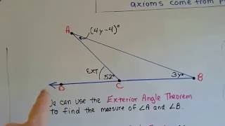 Grade 8 Math 112g Using the Exterior Angle Theorem algebraically [upl. by Fleda]