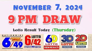 Lotto Result Today 9pm draw November 7 2024 649 642 6D Swertres Ez2 PCSO [upl. by Alderson]