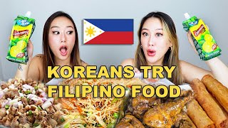 KOREAN SISTERS TRY FILIPINO FOOD FOR THE FIRST TIME 😱🇵🇭  SISIG PANCIT BIHON ADOBO LUMPIA [upl. by Kenlay]