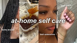 AT HOME SELF MAINTENANCE ROUTINE  diy boho box braids sugar wax gel manicure lashes amp more [upl. by Slayton]