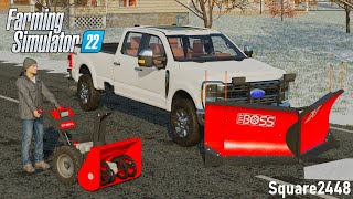 Plowing Snow With NEW Boss V Plow Ford F250  FS22 [upl. by Ibmab]