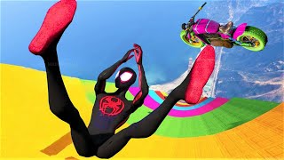 GTA 5 Cristiano Ronaldo x MILES MORALES vs MEGA RAMP JUMP 117  SpiderMan Jumps with Cars amp Bikes [upl. by Atillertse]