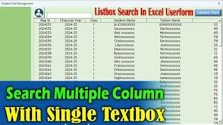 Excel Listbox  Multi Column Search in Excel Userform  School Fee Management [upl. by Slohcin50]