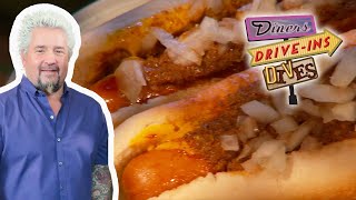 Guy Fieri Eats Hotdogs amp quotCrazy Meat Concoctionquot Sauce  Diners DriveIns and Dives  Food Network [upl. by Marten]