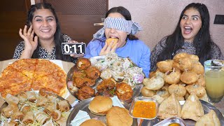 Blindfold Street Food Challenge  Momos Golgappa Pizza Burger Spring Rolls Samosa Challenge [upl. by Cosma880]