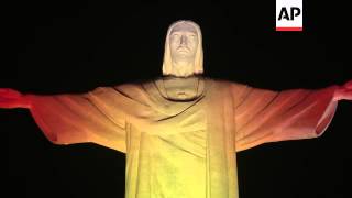 Rios famous Christ the Redeemer statue lit up in colours preparations continue [upl. by Anibas776]