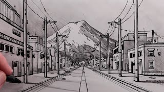 How to Draw a Road in OnePoint Perspective and Street View of Mt Fuji Fast [upl. by Strohbehn]