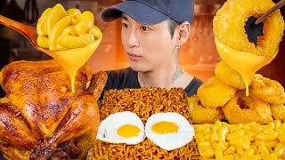 ASMR MUKBANG  Mac N Cheese Rotisserie Chicken Black Bean Fire Noodles Onion Rings [upl. by Parthen]