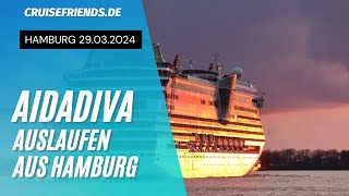 AIDAdiva  Auslaufen aus Hamburg am 29032024  Sailaway  AIDA Diva Kreuzfahrt  Altona [upl. by Parfitt]