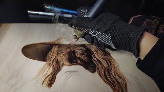 LOTR Gandalf  Pyrography Wood burning Portrait TIME  LAPSE [upl. by Hadnama893]