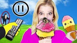 PAUSE CHALLENGE w Rebecca Zamolo for 24 hours Squishy Food vs Real Food Game Master spy Wins [upl. by Enyak]